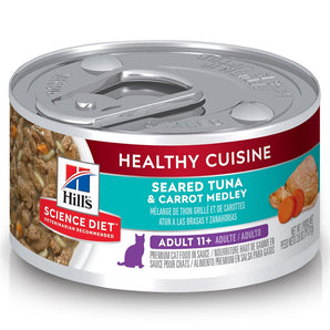 Nourriture humide en conserve pour chats seniors 11+ HILL'S SCIENCE DIET - Healthy Cuisine - Mélange de Thon grillé et carottes. 79 g.