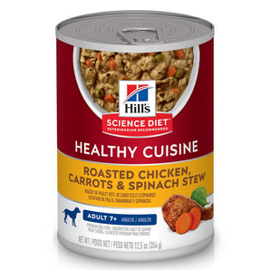 Nourriture humide en conserve pour chiens seniors 7+ HILL'S SCIENCE DIET - Cuisine santé - Ragoût de Poulet, carottes et épinards. 354 g.