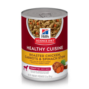 Nourriture humide en conserve pour chiens HILL'S SCIENCE DIET - Cuisine santé - Ragoût de Poulet, carottes et épinards. 354 g.