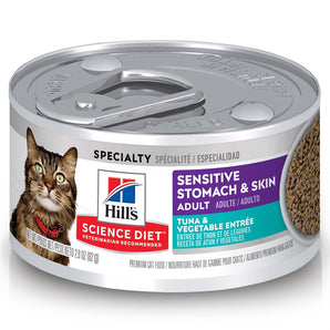Nourriture humide en conserve pour chats HILL'S SCIENCE DIET - Formule Estomac et peau sensibles - Entrée de Thon & Légumes. 82 g.