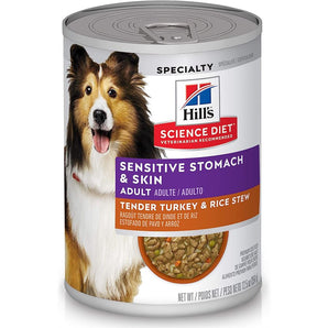 Nourriture humide en conserve pour chiens HILL'S SCIENCE DIET - Estomac et peau sensible - Ragoût de dinde et riz. 363 g.