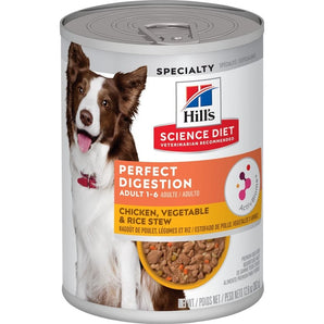 Nourriture humide en conserve pour chiens HILL'S SCIENCE DIET - Santé digestive - Ragoût de Poulet, légumes et riz. 363 g.