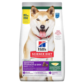 Nourriture sèche pour chiens HILL'S SCIENCE DIET « Estomac et peau sensible ». Saveur de goberge durable, orge & farine d'Insectes. Choix de formats.