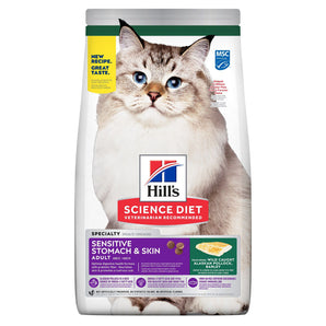 Nourriture sèche pour chats HILL'S SCIENCE DIET - Estomac et peau sensible - Recette au goberge durable et orge. Choix de formats.