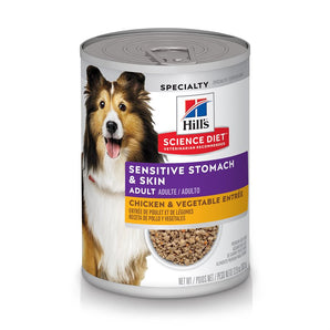 Nourriture humide en conserve pour chiens HILL'S SCIENCE DIET - Estomac et peau sensible - Entrée de Poulet et légumes. 363 g.