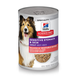 Nourriture humide en conserve pour chiens HILL'S SCIENCE DIET - Estomac et peau sensible - Entrée de Saumon et légumes. 363 g.