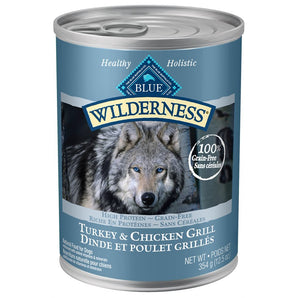 Nourriture humide pour chiens adultes BLUE WILDERNESS. Saveur de dinde et poulet grillé. 354 g.