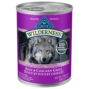 Nourriture humide pour chiens adultes BLUE WILDERNESS. Saveur de boeuf et poulet grillé.354 g..