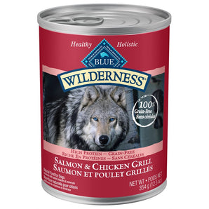 Nourriture humide pour chiens adultes BLUE WILDERNESS. Saveur de saumon et poulet grillé.354 g.