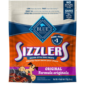 Gâteries semi-humides pour chiens BLUE BUFFALO SIZZLERS. Bouchées style bacon. Choix de formats et de quantités.