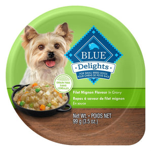Nourriture humide pour chiens adultes BLUE DELIGHTS - Repas de filet mignon en sauce. 99 g.