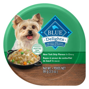 Nourriture humide pour chiens adultes BLUE DELIGHTS - Repas de contre-filet de boeuf en sauce. 99 g.