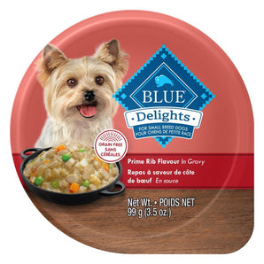 Nourriture humide pour chiens adultes BLUE DELIGHTS - Repas de côte de de boeuf en sauce. 99 g.