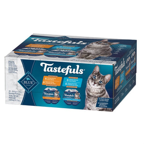 Nourriture humide pour chats adultes BLUE BUFFALO TASTEFULS - 12 x 2 portions individuelles. Assortiment de pâtés / Poulet et dinde.