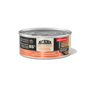 Nourriture humide pour chats ACANA - Morceaux dans le bouillon. Recette de poulet et saumon. 155 g. Choix de quantités.