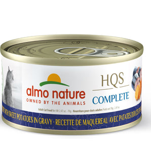 Wet food for cats ALMO NATURE HQS COMPLETE. Recipe for mackerel and sweet potato in sauce. Choice of formats.