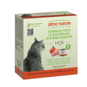 Nourriture humide pour chats ALMO NATURE HQS - Formule Soutien digestive - Recette de poulet et citrouille en sauce - 6 x 50g.