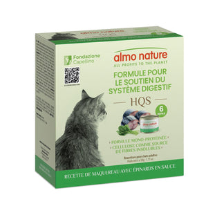 Nourriture humide pour chats ALMO NATURE HQS - Formule Soutien digestive - Recette de maquereau et épinards en sauce - 6 x 50g.