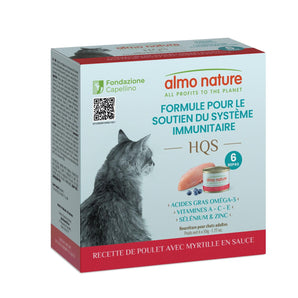 Nourriture humide pour chats ALMO NATURE HQS - Formule Soutien immunitaire - Recette de poulet et bleuets en sauce - 6 x 50g.