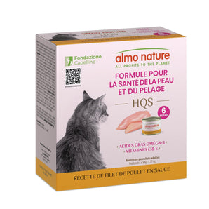 Nourriture humide pour chats ALMO NATURE HQS - Formule Soutien Peau et pelage - Recette de filets de poulet en sauce - 6 x 50g.