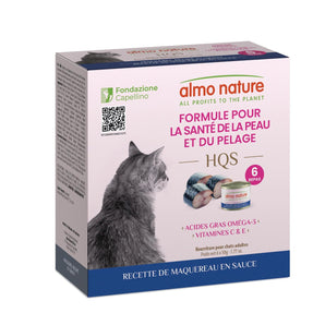 Nourriture humide pour chats ALMO NATURE HQS - Formule Soutien Peau et pelage - Recette de maquereau en sauce - 6 x 50g.