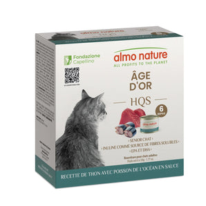 Nourriture humide pour chats seniors ALMO NATURE HQS - Formule Âge d'or - Recette de thon avec poisson de l'océan en sauce - 6 x 50g.