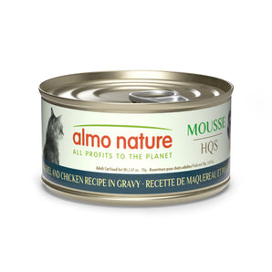 Nourriture humide pour chats ALMO NATURE HQS NATURAL. Recette de pâté au maquereau avec poulet en sauce. 70gr