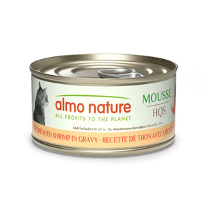 Nourriture humide pour chats ALMO NATURE HQS NATURAL. Recette de pâté au thon avec crevettes en sauce. 70gr