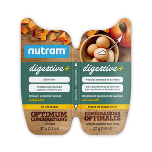 Nourriture humide pour chats adultes NUTRAM Combinaisons optimales DIGESTIVE+ Sans grains -  Recette poulet, saumon et citrouille. 2 paquets de 37g. Choix de quantités.