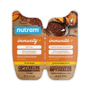 Nourriture humide pour chats adultes NUTRAM Combinaisons optimales IMMUNITÉ+ Sans grains -  Recette poulet, saumon et citrouille. 2 paquets de 37g. Choix de quantités.