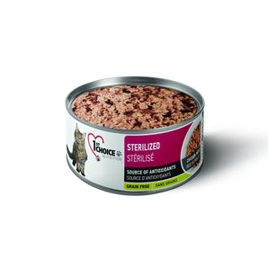 Nourriture en conserve pour chats stérilisés 1st CHOICE. Recette de pâté de poulet sans grains. Format 156g.