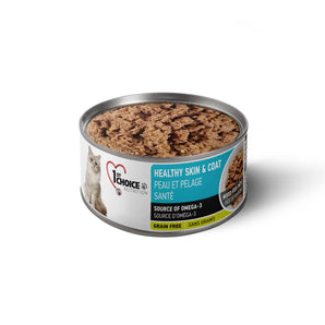 Nourriture en conserve pour chats 1st CHOICE. Formule PEAU ET PELAGE SANTÉ. Recette de pâté de poisson sans grains. Format: 156g.