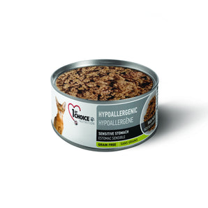 Nourriture en conserve pour chats 1st CHOICE Hypoallergène. Recette de pâté de canard sans grains. Format 156g.