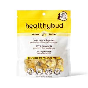 Friandises pour chien d’Healthybud à base de chips de banane, entièrement naturelles, végétaliennes, non grasses et faibles en calories. 150 g.