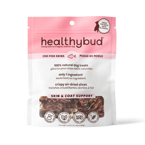 Gâteries pour chiens d'Healthybud composées uniquement de peaux de morue. 80 g.