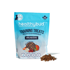 Minis gâteries d’entraînement pour chiens à base de bœuf d’Healthybud. Entièrement naturelles et offrant un support pour la santé cérébrale de votre chien. 184 g.