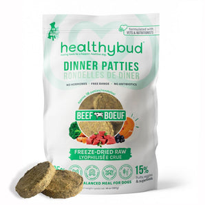 Rondelles de repas lyophilisées au bœuf d’Healthybud (réhydratables), entièrement naturelles et avec une liste d'ingrédients minimaliste. 397 g.