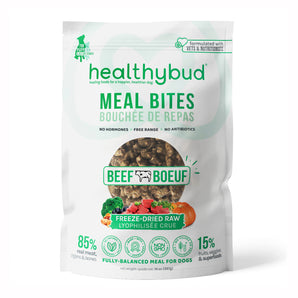 Bouchées de repas pour chiens lyophilisées au bœuf d’Healthybud, entièrement naturelles et avec une liste d'ingrédients minimaliste.  397 g.