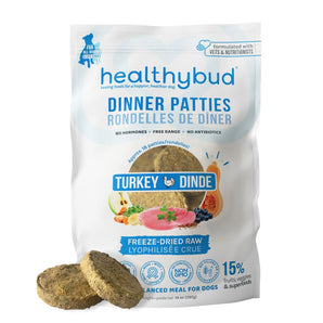 Rondelles de repas lyophilisées à la dinde d’Healthybud (réhydratables), entièrement naturelles et avec une liste d'ingrédients minimaliste. 397 g.