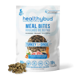 Bouchées de repas pour chiens lyophilisées à la dinde d’Healthybud, entièrement naturelles et avec une liste d'ingrédients minimaliste. 397 g.