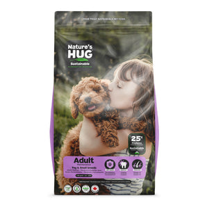 Nourriture sèche pour chiens adultes de petites et miniatures races "Adult Maintenance" de Nature's Hug. Choix de formats.