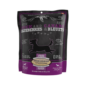 Gâteries pour chiens OBT sans grains. Biscuits canard et bleuets. 454 g.