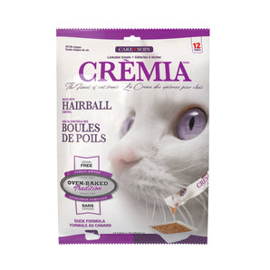 Gâteries à lécher pour chats OBT CRÈMIA, Sans grains - Formule contrôle des boules de poils - Saveur de canard. 12x15g. Choix de quantités.