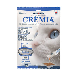Gâteries à lécher pour chats OBT CRÈMIA, Sans grains - Formule peau et estomac - Saveur de thon. 12x15g. Choix de quantités.