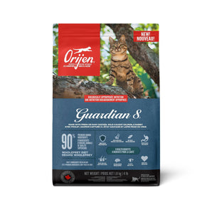 Nourriture sèche pour chats ORIJEN GUARDIAN 8. Formule santé. Recette au poulet, saumon, et lapin. Choix de formats.