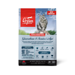 Nourriture sèche pour chats seniors ORIJEN GUARDIAN 8. Formule santé. Recette au saumon, canard et poulet. Choix de formats.