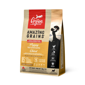 Nourriture sèche pour chiots ORIJEN AMAZING GRAINS. Recette Poulet, dinde et poisson. Choix de formats.