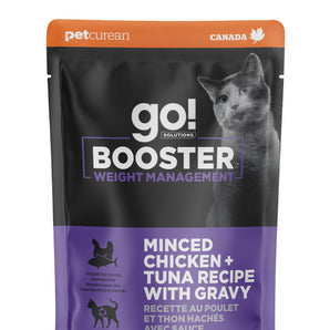 Nourriture humide pour chats PETCUREAN GO! BOOSTER Formule Contrôle du poids - Recette de poulet et thon hachés avec sauce. 71 g. Choix de quantités.