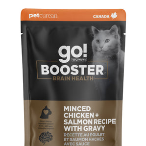 Nourriture humide pour chats PETCUREAN GO! BOOSTER Formule Santé cérébrale - Recette de poulet et saumon hachés avec sauce. 71 g. Choix de quantités.