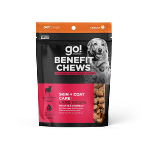 Gâteries tendres pour chiens PETCUREAN GO! BENEFITS CHEWS. Formule Peau & poils. Recette à l'agneau. 170 g.